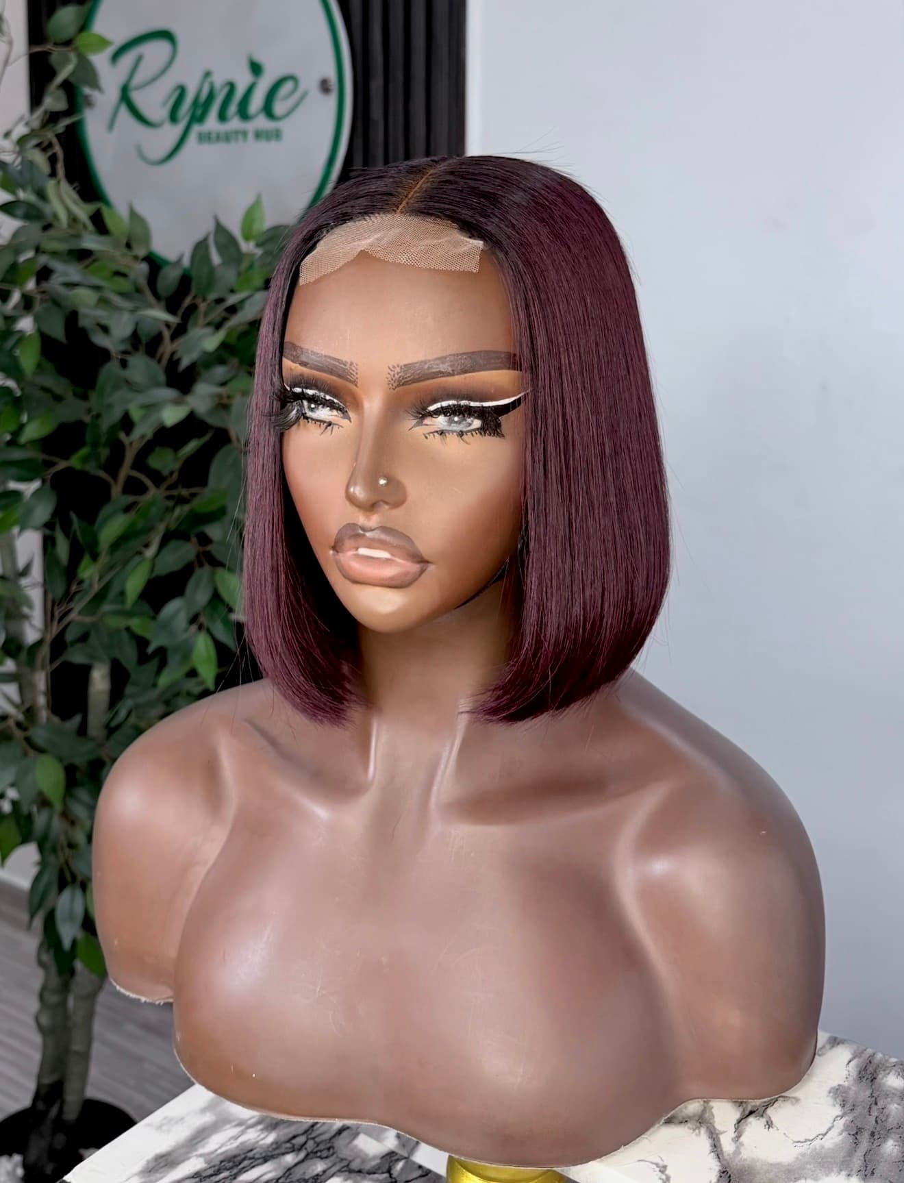 Dark Burgundy Bone Straight Bob Wig with Dark Root - 2x6 Closure