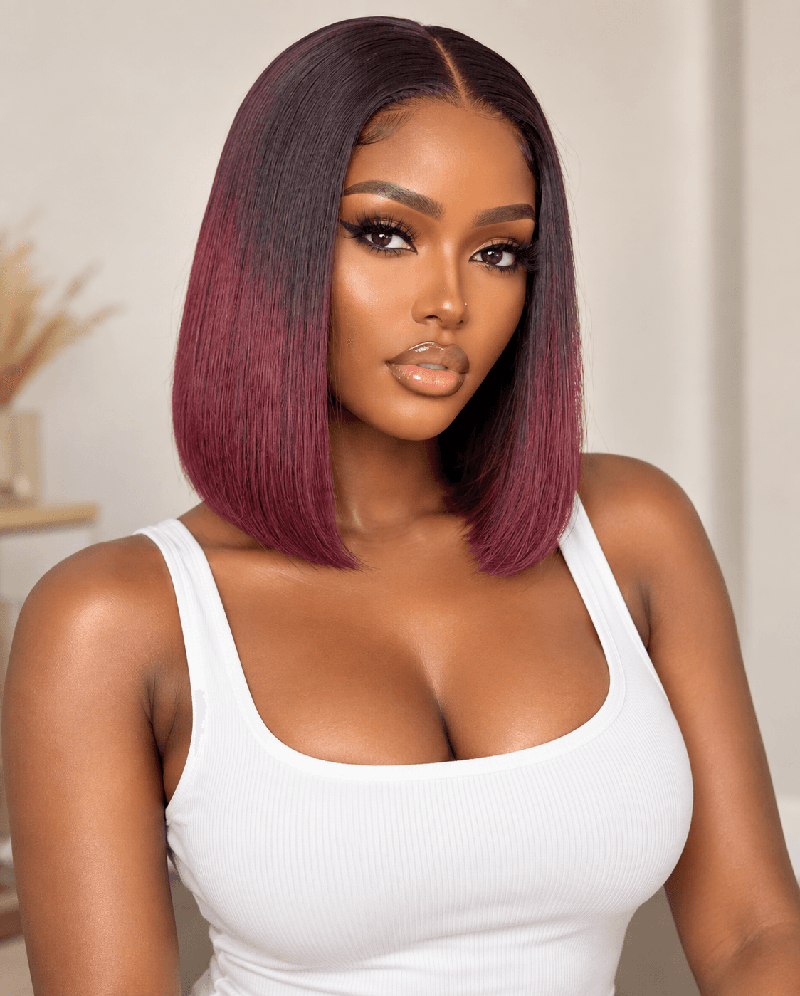 10" Dark Burgundy Bone Straight Bob Wig with Dark Root - 2x6 Closure
